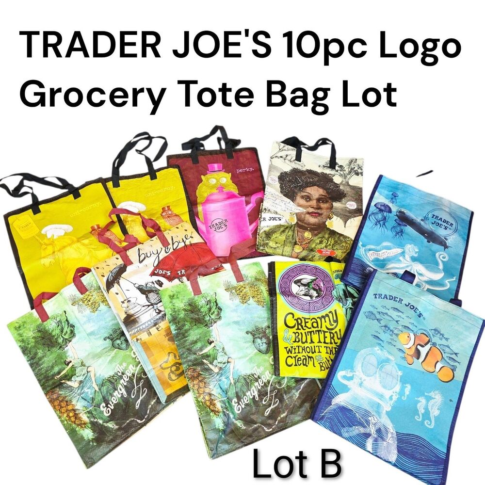 TRADER JOE'S LOT B 10pc  Reusable Logo Tote Bags Ocean Perky UniCorny Butter Fun